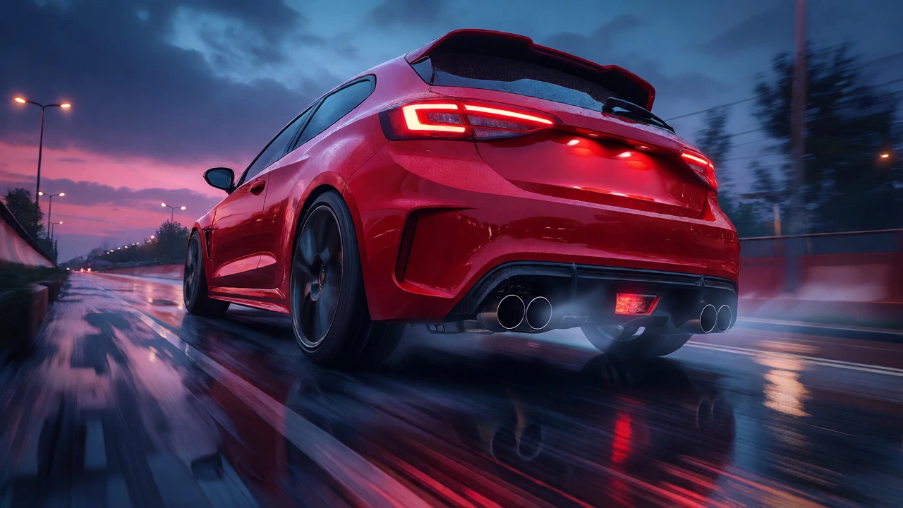Red hot hatchback driving on a wet road at dusk with visible exhaust vapor
