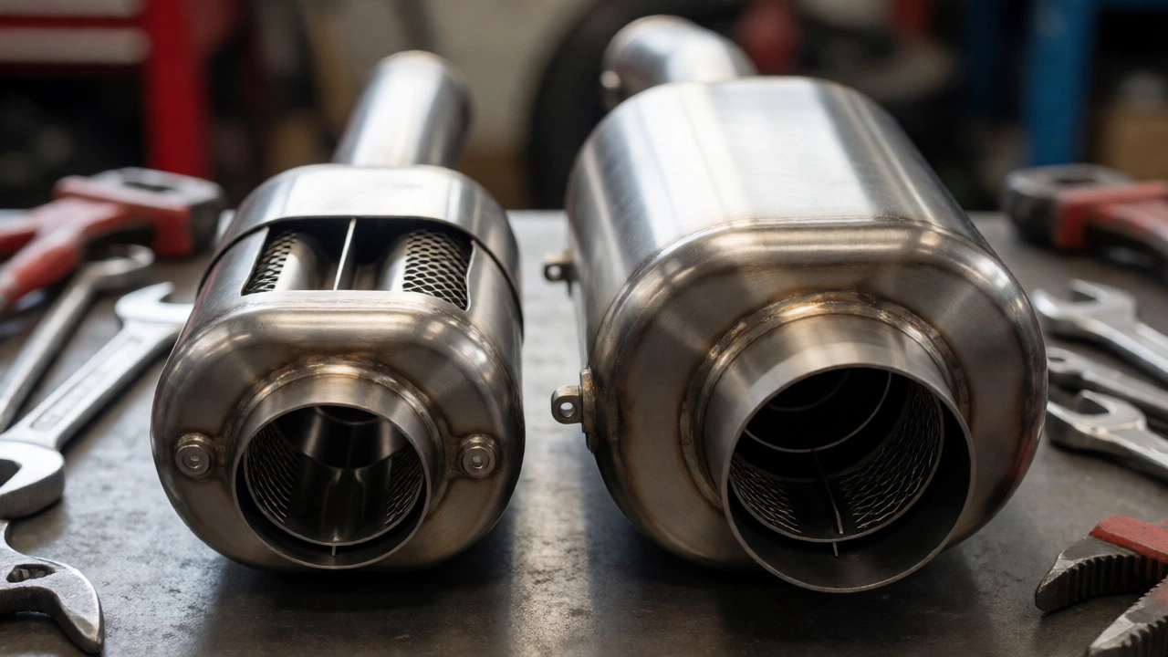 Side-by-side comparison of mufflers for 4-inch and 5-inch exhaust systems