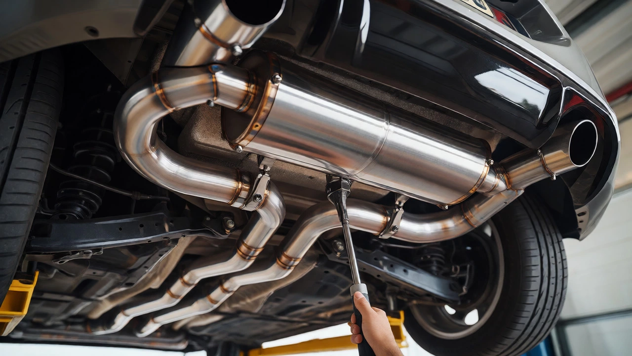 Torque wrench tightening bolts on a new stainless steel exhaust