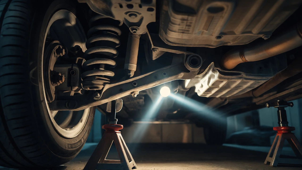 View under a raised car showing sagging spring and loose heat shield.