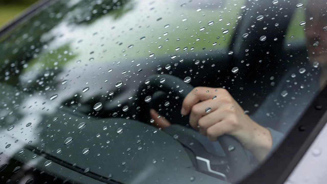 Water beading on a hydrophobic coated car windscreen