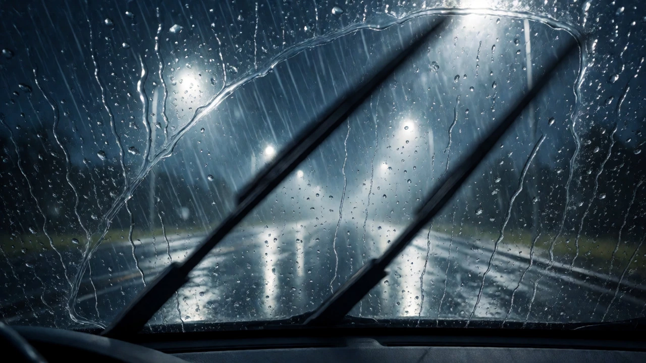Wiper blades sweeping across a rainy windshield in parallel arcs.