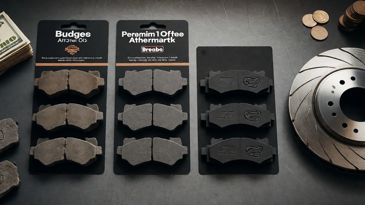 Workbench display comparing budget, premium, and OEM brake pads alongside old discs.