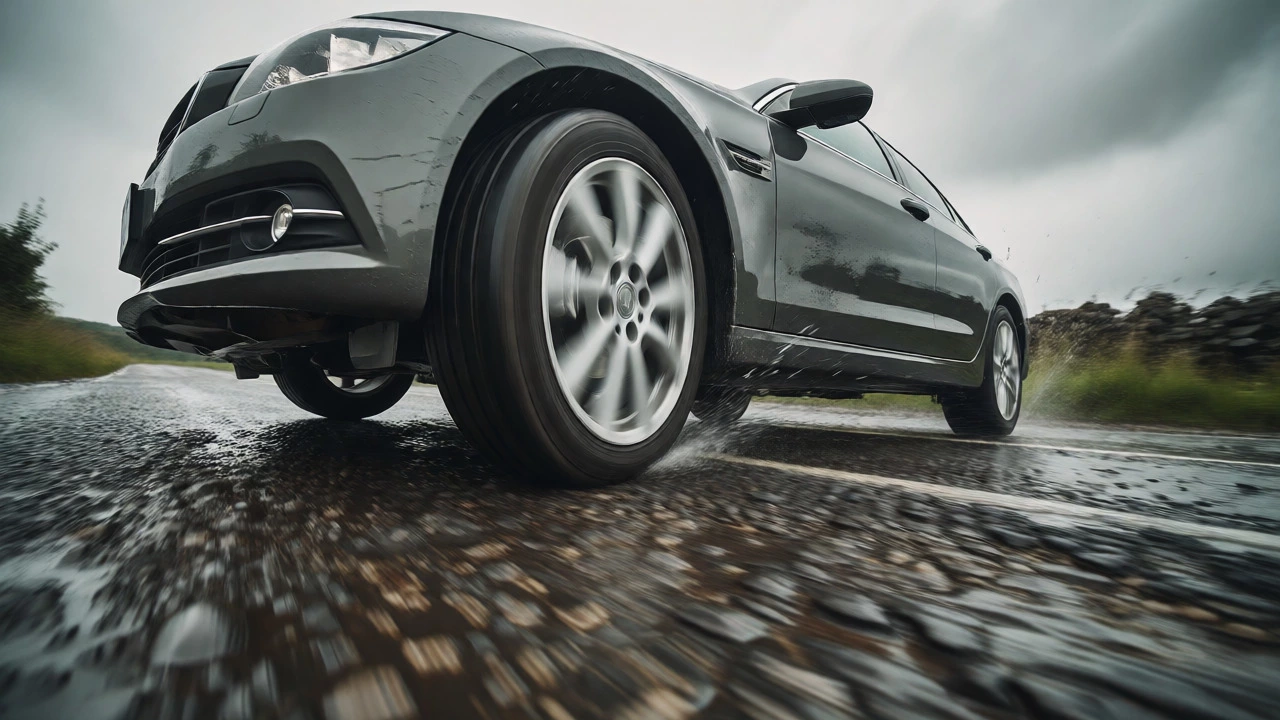 Car bouncing excessively on a wet, potholed road surface