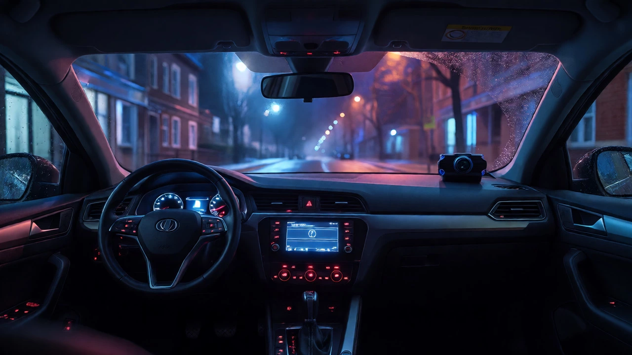 Car interior at night with glowing electronics indicating parasitic drain