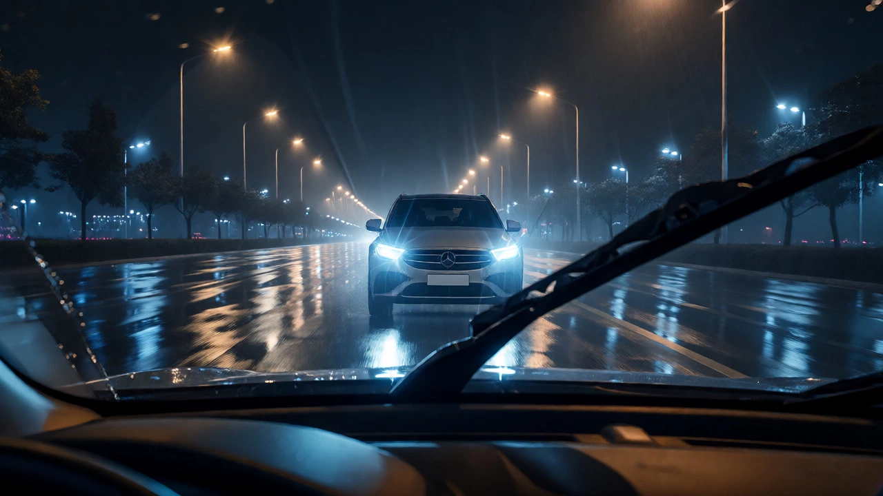 Clear windshield at night with premium wipers in heavy rain
