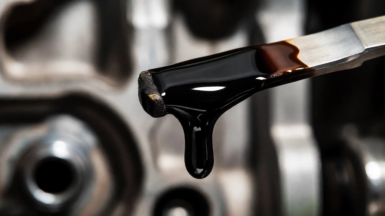 Close-up of thick, black sludge-like oil on a metallic engine dipstick.
