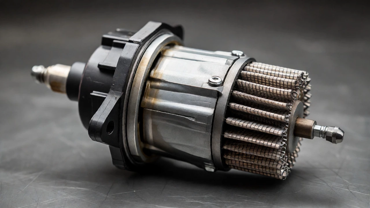Close up of worn automotive fuel pump assembly on workbench