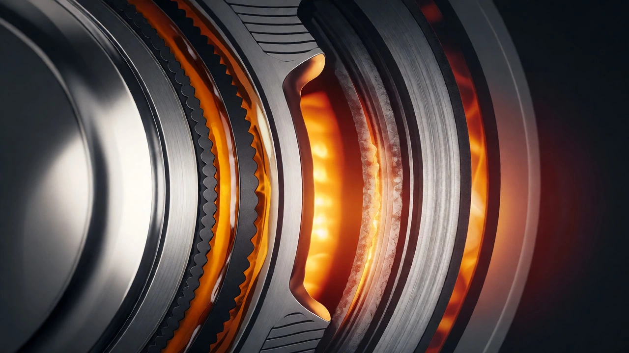 Cross-section of engine pistons showing wear and heat from poor lubrication.