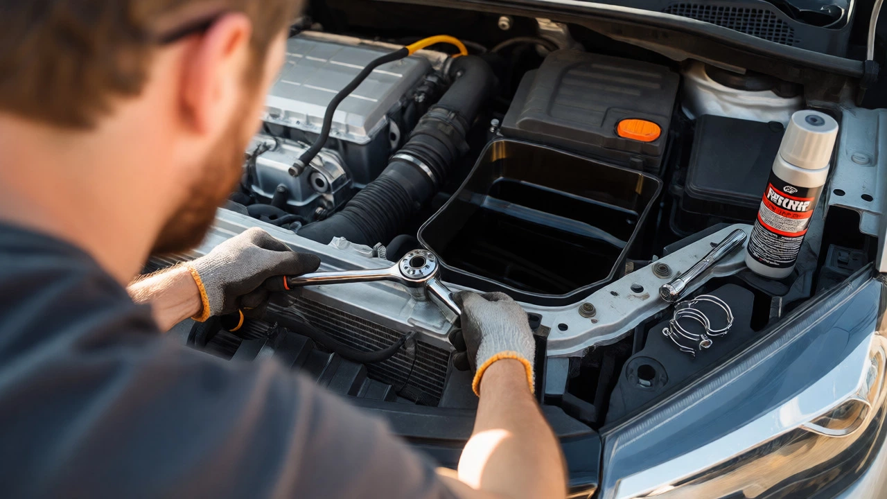DIY mechanic using a wrench to remove bolts from a car radiator