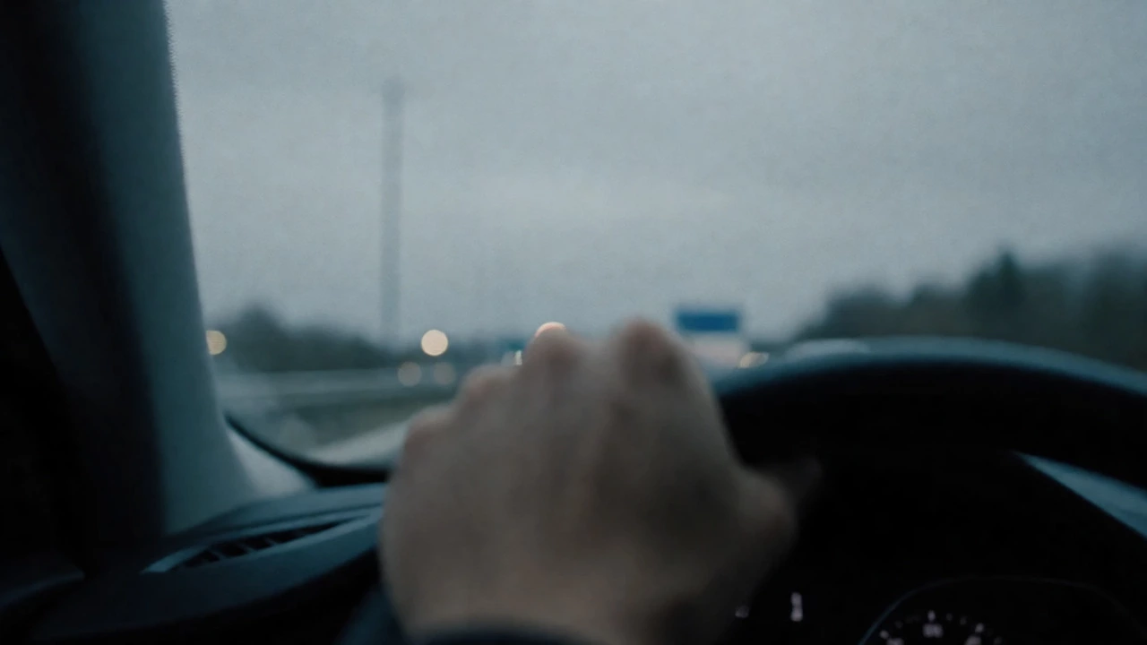 Driver gripping steering wheel while experiencing engine hesitation on a highway.