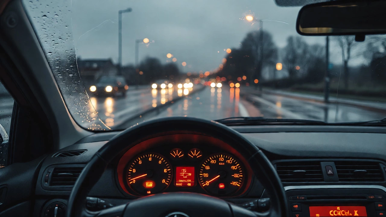 Driver view of dashboard warnings on wet UK road at dusk