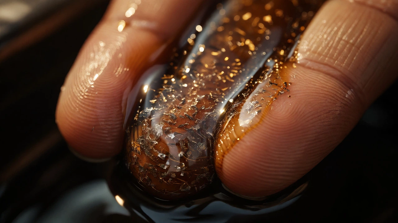 Fingers rubbing engine oil containing sparkling metallic flakes from internal wear.