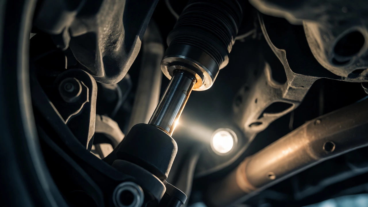 Flashlight inspecting a leaking shock absorber under a car