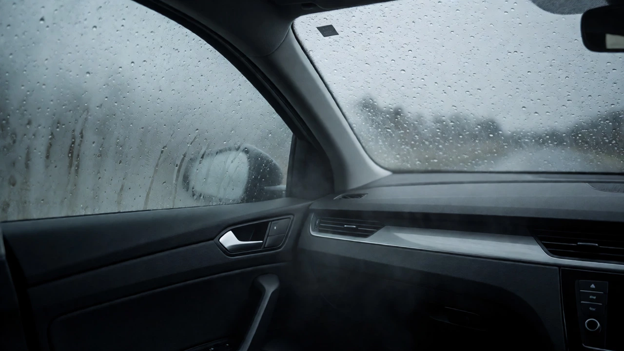 Foggy car windows due to dirty cabin air filter on rainy day