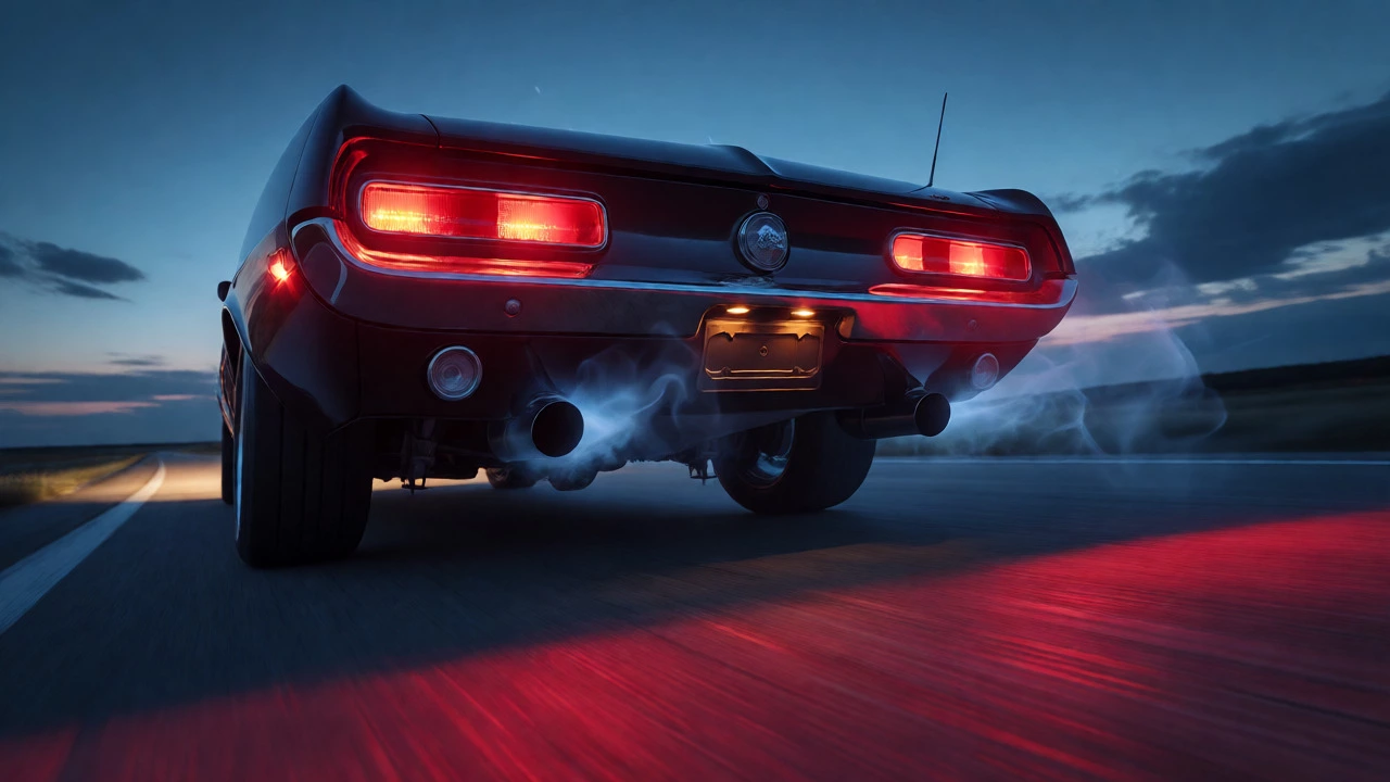 Low-angle view of a muscle car's dual exhaust tips emitting smoke on a dusk road.