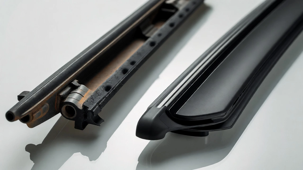Macro comparison of worn budget vs. new premium wiper blades
