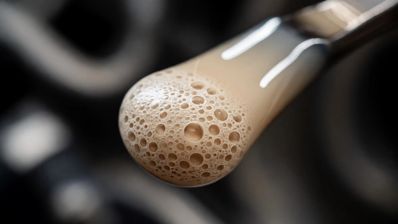 Macro shot of frothy, milky beige engine oil on a dipstick indicating coolant leak.
