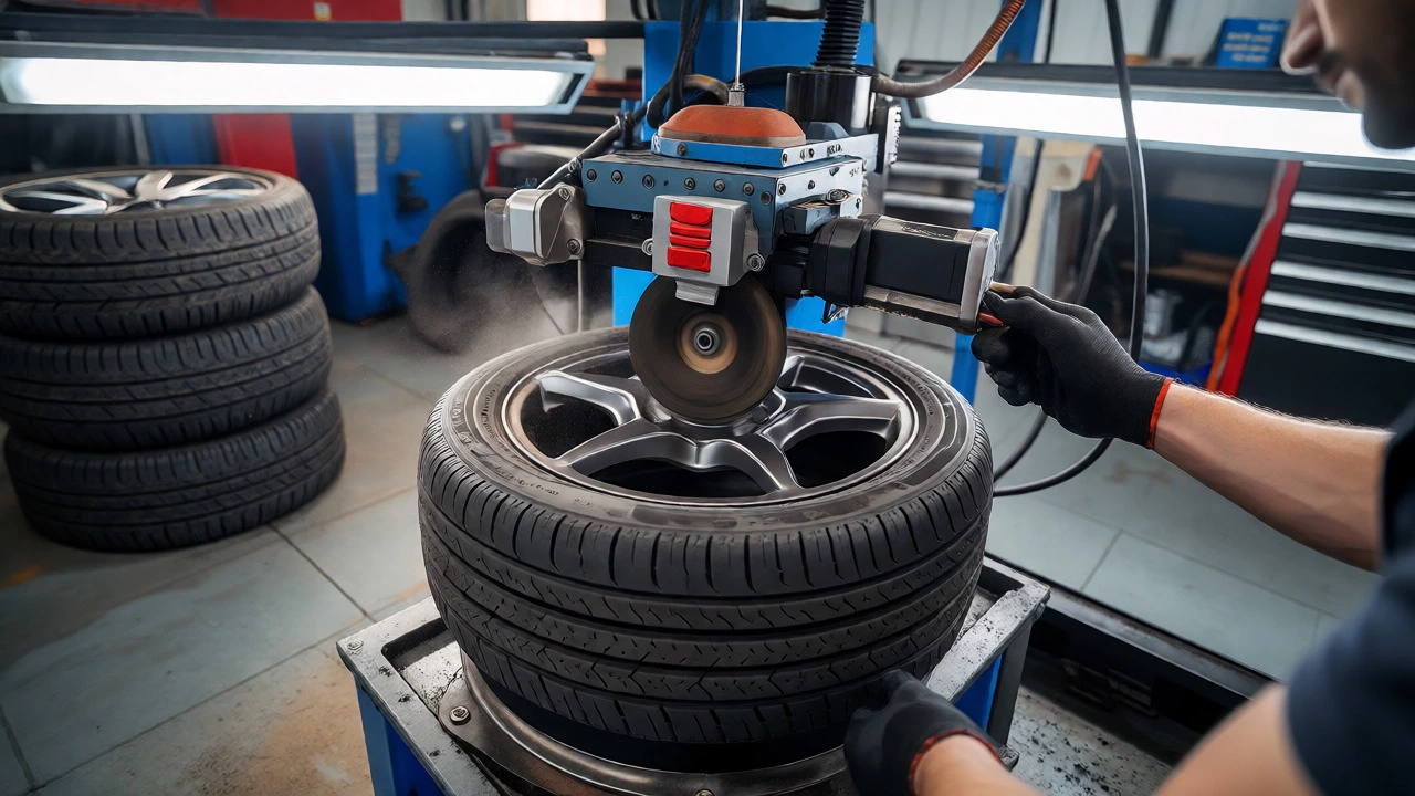Mechanic using a tire shaving machine to match tread depth