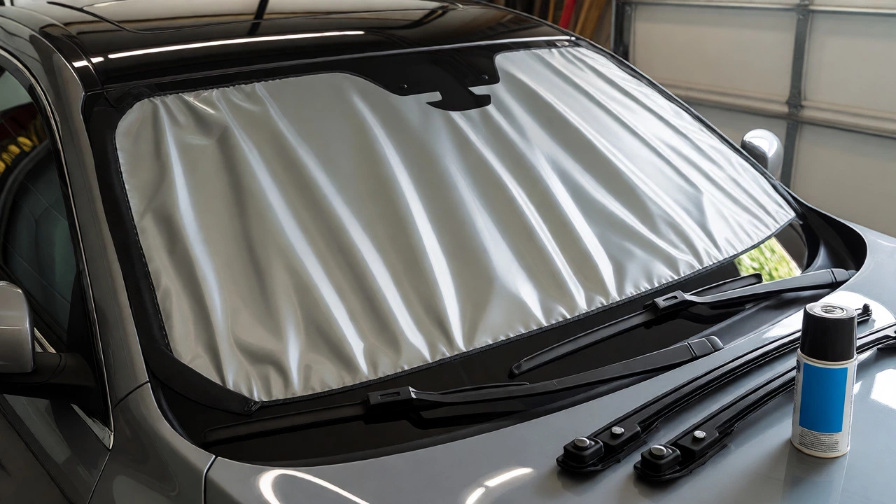 Protective windshield cover and spare wiper blades ready for use