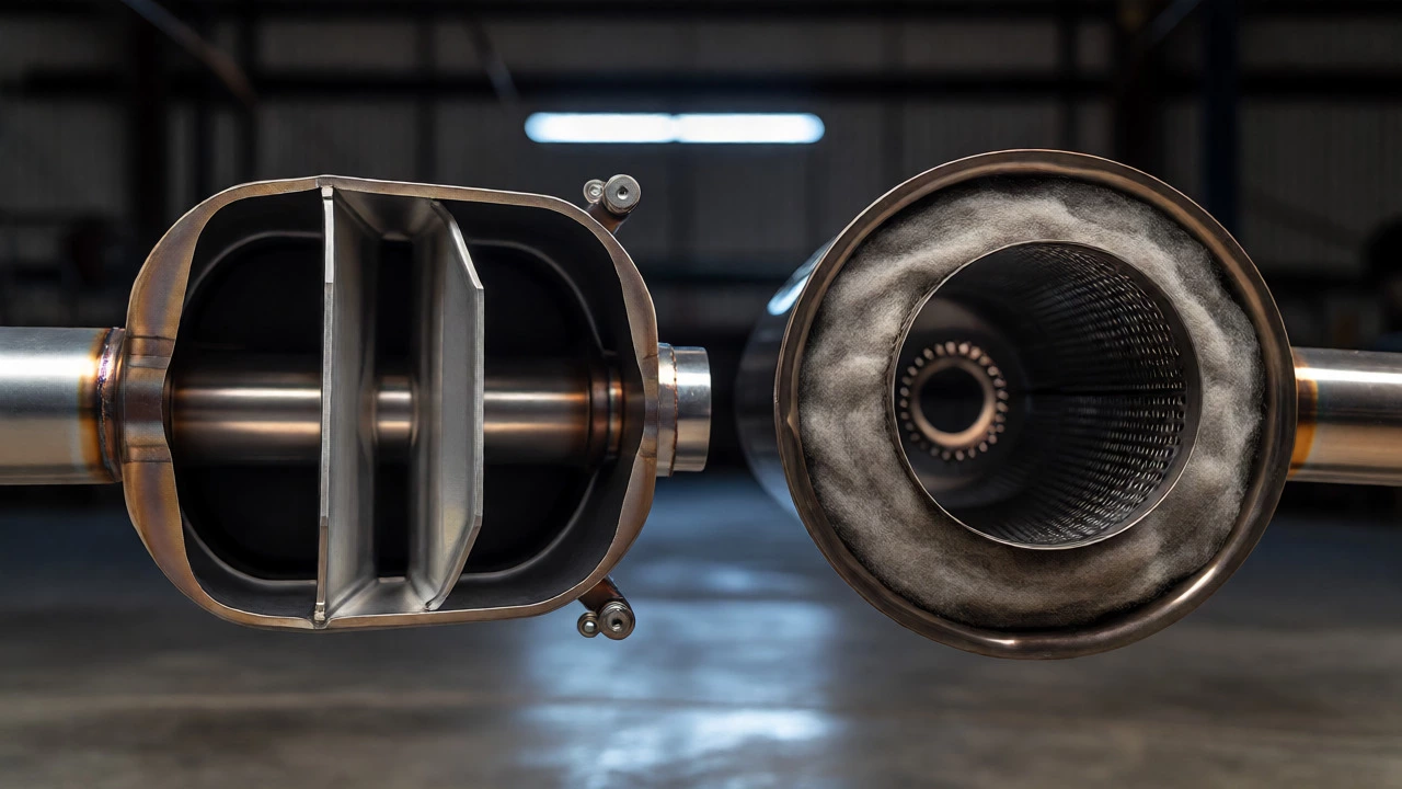 Side-by-side comparison of chambered and straight-through muffler internal structures.