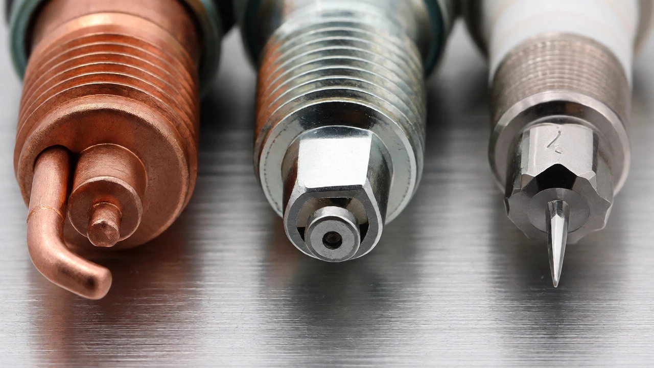 Side-by-side comparison of copper, platinum, and iridium spark plugs.