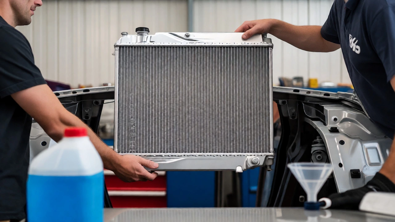 Two people installing a new silver radiator into a car engine bay