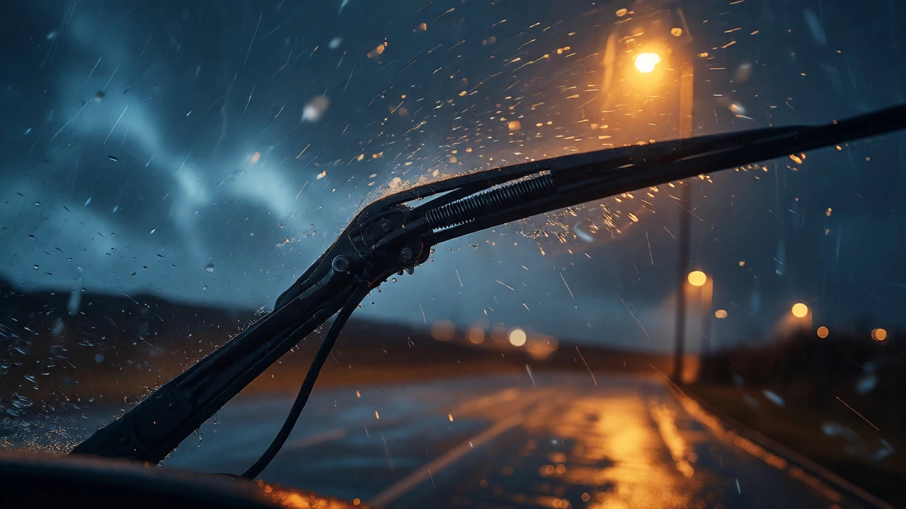 Windshield wiper arm bending in high winds during a storm